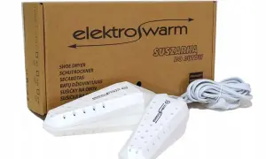 Biała suszarka do butów narciarskich ElektroWarm z kablem, gotowa do użycia po całym dniu na stoku.