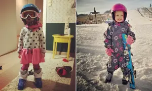 Mała narciarka w pełnym rynsztunku, gotowa na pierwsze zjazdy. Dwie urocze dwulatki na nartach, jedna w domu, druga na stoku.