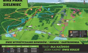 Mapa tras rowerowych w Zieleńcu. Znajdziesz tu trasy dla każdego, od łatwych po trudne, z wyciągami i punktami gastronomicznymi.
