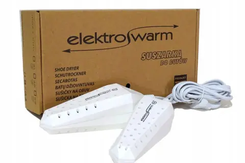 Biała suszarka do butów narciarskich ElektroWarm z kablem, gotowa do użycia po całym dniu na stoku.