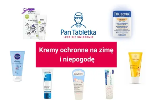Krem do twarzy na narty i zimę chroni delikatną skórę dziecka przed mrozem i wiatrem. Różne marki, np. Mustela, Nivea Baby, Weleda.