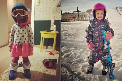 Mała narciarka w pełnym rynsztunku, gotowa na pierwsze zjazdy. Dwie urocze dwulatki na nartach, jedna w domu, druga na stoku.