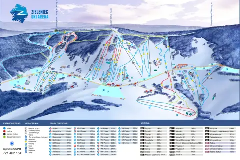 Mapa ośrodka Zieleniec Ski Arena z trasami narciarskimi, wyciągami i infrastrukturą. Idealne zieleniec warunki narciarskie dla każdego.