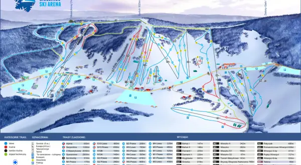 Mapa ośrodka Zieleniec Ski Arena z trasami narciarskimi, wyciągami i infrastrukturą. Idealne zieleniec warunki narciarskie dla każdego.