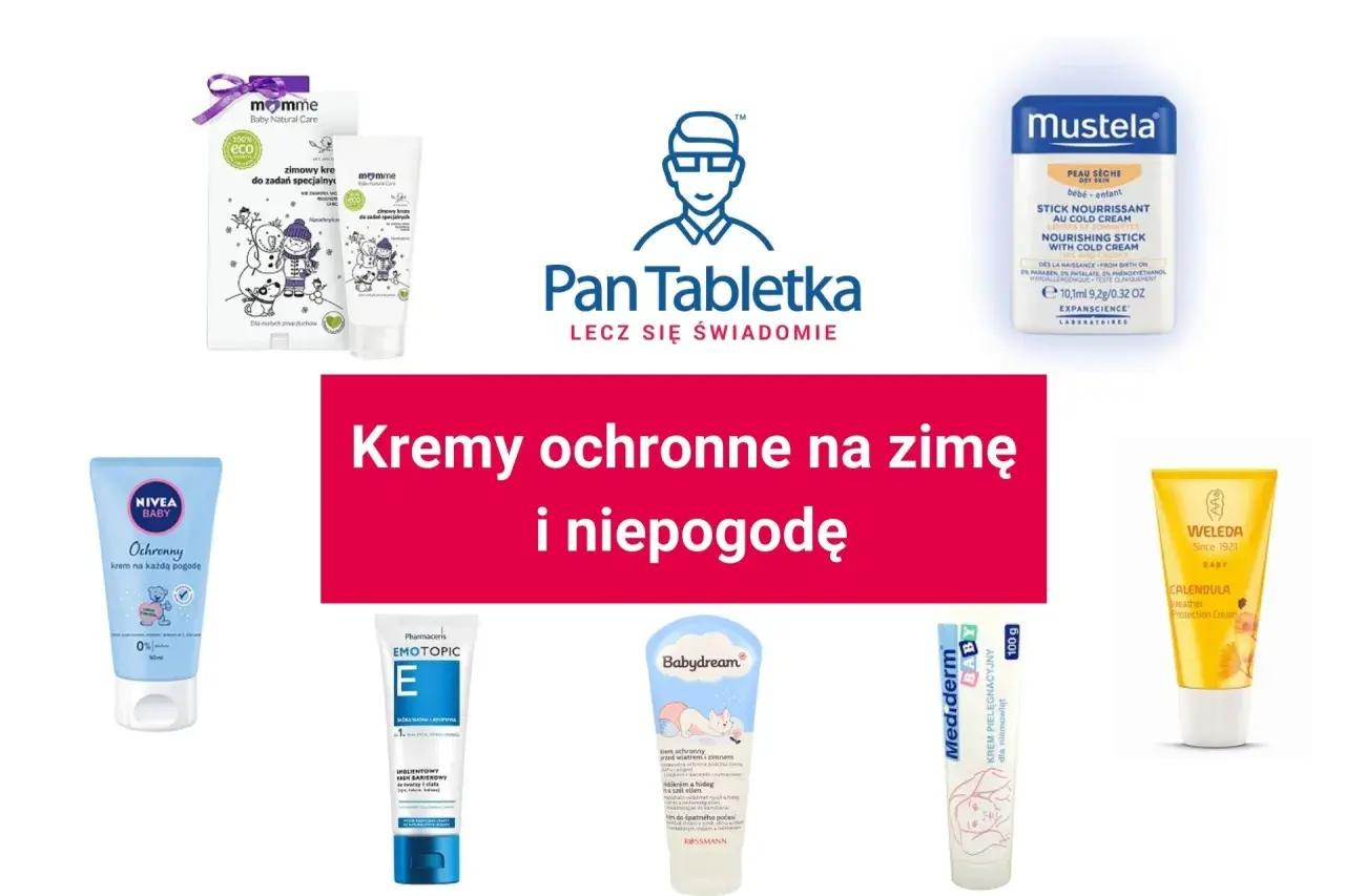 Krem do twarzy na narty i zimę chroni delikatną skórę dziecka przed mrozem i wiatrem. Różne marki, np. Mustela, Nivea Baby, Weleda.