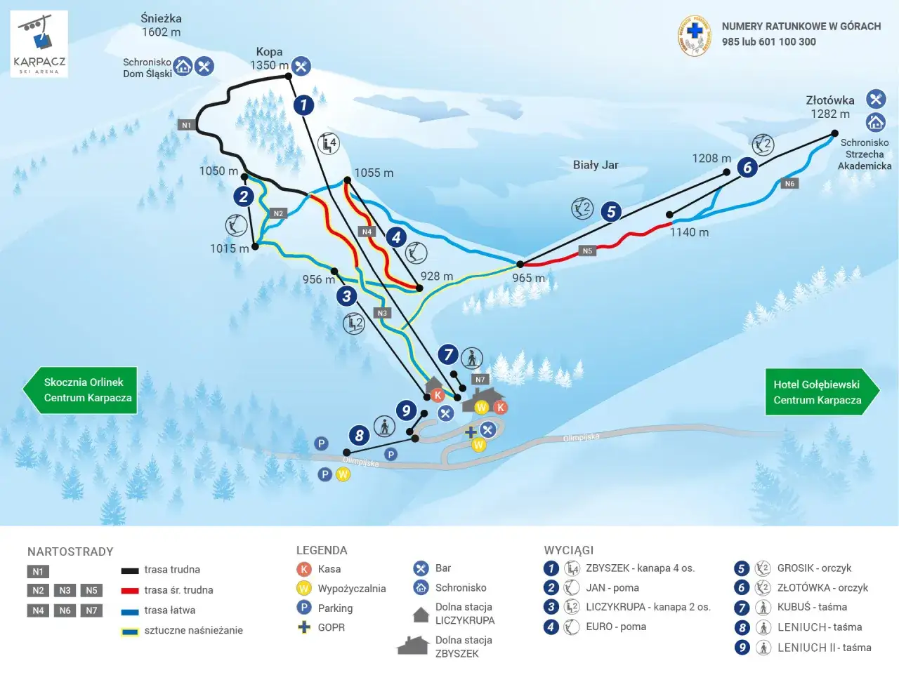 Na mapie Karpacz Ski Arena widać 9 wyciągów narciarskich, w tym kanapy i orczyki, obsługujących trasy o różnym stopniu trudności.