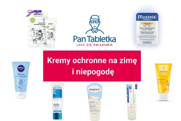 Krem do twarzy na narty i zimę chroni delikatną skórę dziecka przed mrozem i wiatrem. Różne marki, np. Mustela, Nivea Baby, Weleda.