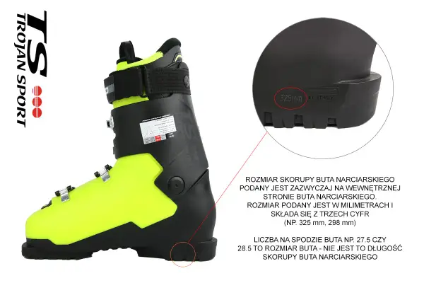 But narciarski z neonowożółtą skorupą. Powiększenie pokazuje rozmiar 325 mm, który jest przykładem co to jest mondopoint, czyli długość skorupy buta narciarskiego.