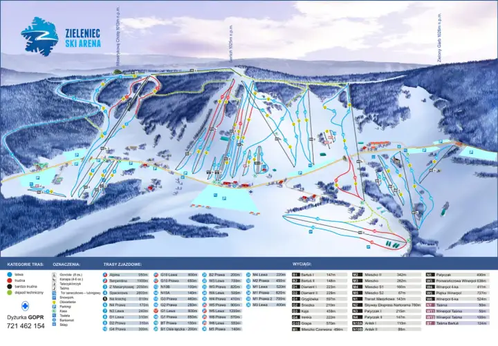 Mapa ośrodka Zieleniec Ski Arena z trasami narciarskimi, wyciągami i infrastrukturą. Idealne zieleniec warunki narciarskie dla każdego.